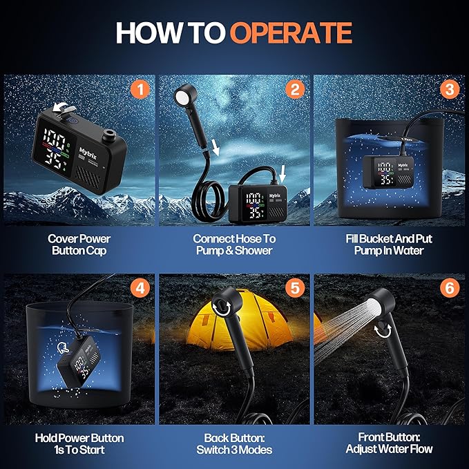Mytrix Portable Camping Shower Pump with Foldable Bucket 10L/Min High Flow 7800mAh Rechargeable Battery 4 Spray Modes IPX8 Waterproof Outdoor Shower for Hiking Travel &amp Pets