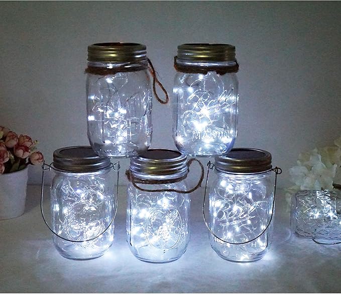 Solar Mason Jar Lid Lights 10 Pack 30 LED Waterproof Firefly Fairy Lights with Hangers(No Jars) Outdoor Starry String Lights for Patio Yard Garden Wedding Lantern Decor (Cool White)