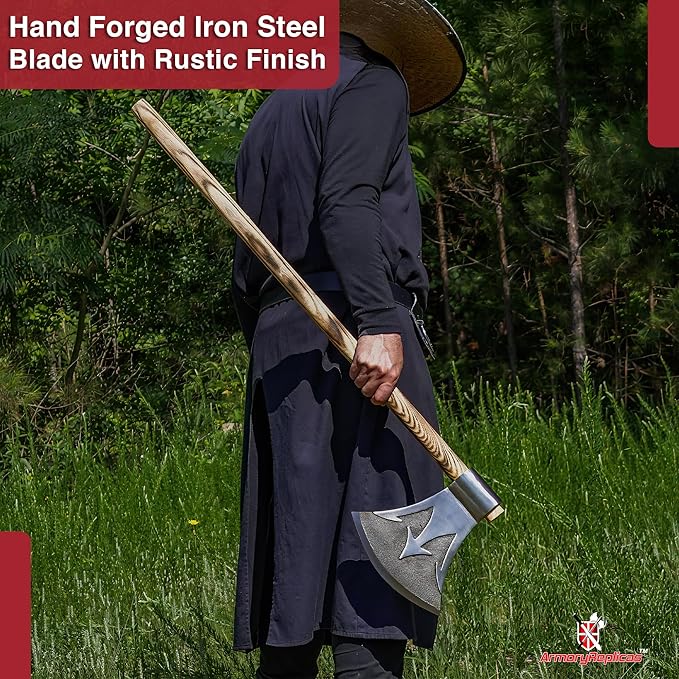 Armory Replicas™ Briny Deep Two-Handed Functional Axe – High Carbon Steel Blade with Trident Design &amp Sheesham Wood Handle 42
