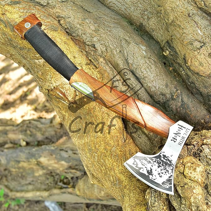 Viking Axe with Ragnar Lothbrok Face Etched - FS Crafts Axe001 - Handmade High Carbon Steel Ragnar Axe with Sheath - Viking Etched Axe for Camping Hunting Outdoors