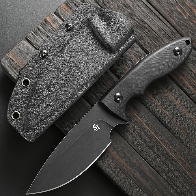 Sitivien ST24 Fixed Blade Knife AUS-8 Brushed Steel Blade Double Color G10 Handle Full Tang EDC Fixed Knifes for Outdoor Working Camping Hunting Fishing(Black Handle+Black)