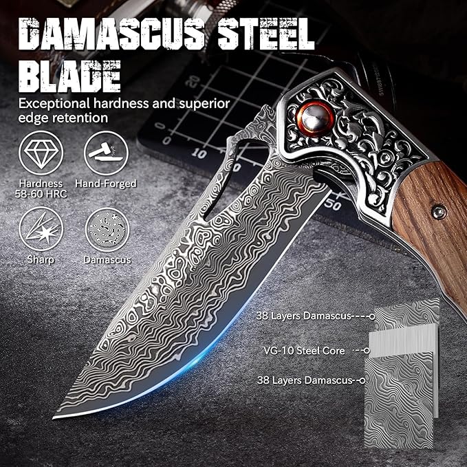 Damascus Pocket Knife with Wooden Handle Sharp 3.54 Damascus Steel Blade Folding Knives for EDC Camping Hiking Outdoor Collection