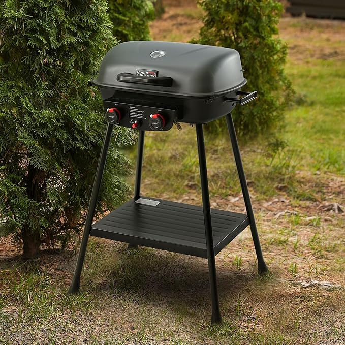 Royal Gourmet GT2003 Portable 2 Burner Propane Gas Grill with Stand and Warming Rack 2-in-1 Grill Griddle Combo with 17000 BTUs Output forCamping Tailgating Backyard Gray