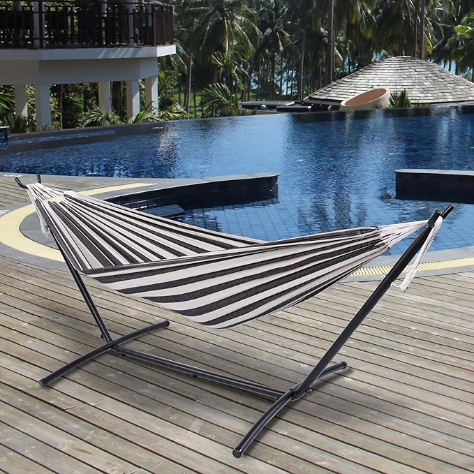 Prime Garden Hammock with Stand for Outside Heavy Duty Space Saving Steel Stand with 450 lb CapacityDouble Hammock with Portable Carrying Bag Hamacas para Adultos for Outdoors Patio Garden Yard