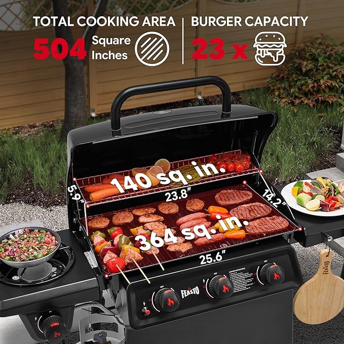 Feasto 3 Burner Propane Gas Grill with Side Burner Porcelain-Enamel Main Body and Lid Propane BBQ Grill with 38000 BTUs Output &amp Side Table for Patio Backyard Poolside Gatherings