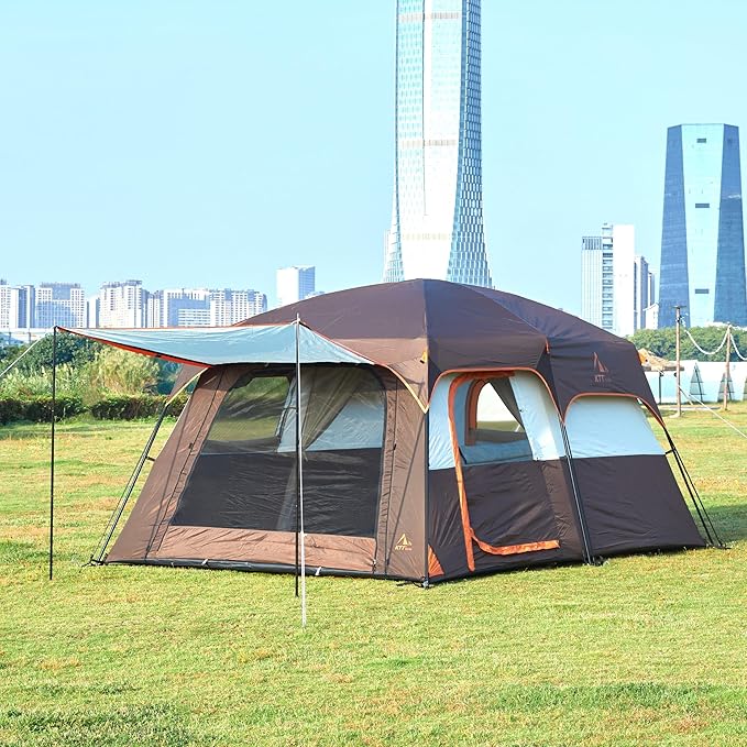 KTT Extra Large Tent 10-12-14 Person(B)Family Cabin Tents2 Rooms3 Doors and 3 Windows with MeshStraight WallWaterproofDouble LayerBig Tent for OutdoorPicnicCampingFamily Gathering