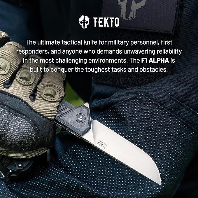 TEKTO KNIVES F1 Alpha Folding Pocket Knife - Modified Straight Back Blade Titanium Coated D2 Steel Ideal for Camping &amp Backpacking Tactical Forged Carbon Fiber Handle Silver Titanium Accents