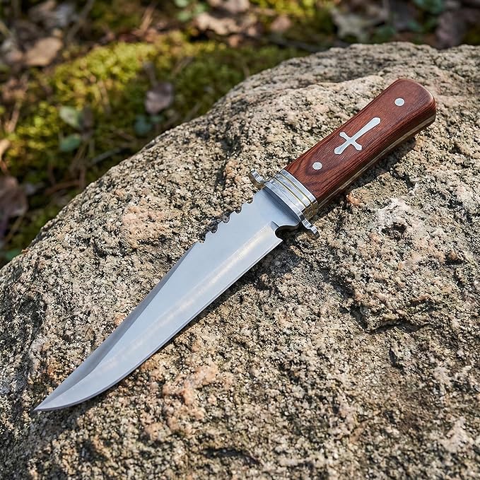 12.7 Fixed Blade Survival Knife with Sheath - Heavy Duty Stainless Steel Bowie Knife for Camping Hunting &amp Bushcraft - Large Solid Wood Handle Outdoor Tool with Sawback