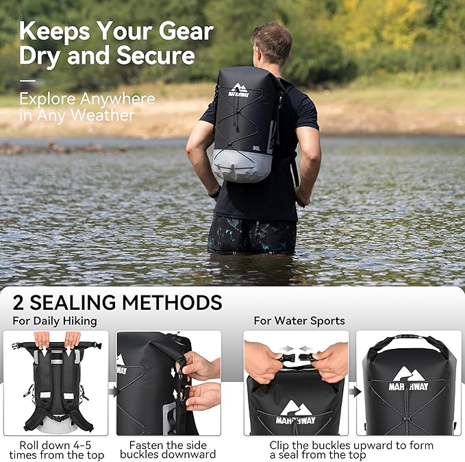 MARCHWAY Floating Roll Top Dry Bag Flexible Lightweight TPU Waterproof Backpack 20L/30L/40L with Padded Straps for Boating Kayaking Swimming Hiking Beach (Black 40L)