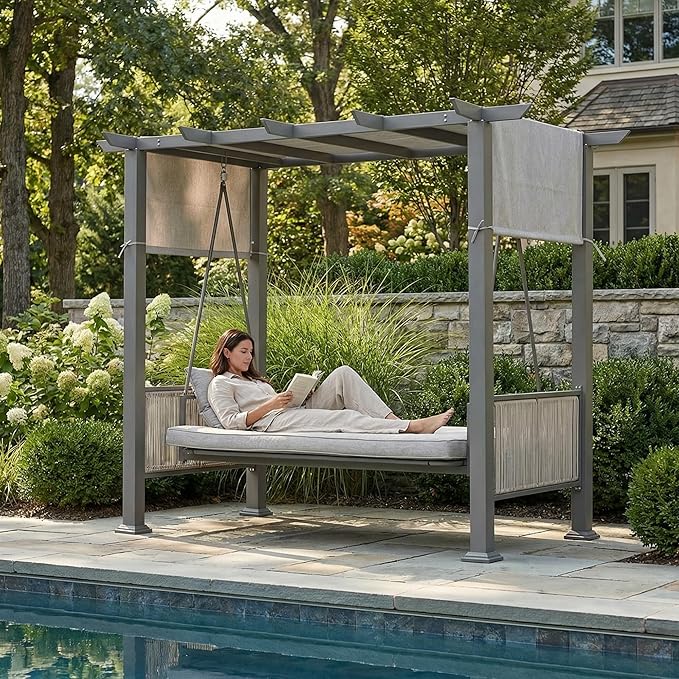 Pamapic 2-in-1 Convertible Porch Swing Bed 3-Seat Elegant Patio Swing with Wicker Armrests Outdoor Chair with Adjustable Canopy for Balcony Garden and Poolside Gray
