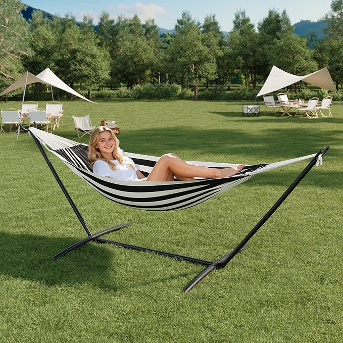 Double Cotton Hammock with Steel Stand for Outside Brazilian Style 450lbs Capacity Portable Indoor Outdoor Lounger with Carry Bag 2-Person Capacity Ideal for Backyard Garden Camping Black