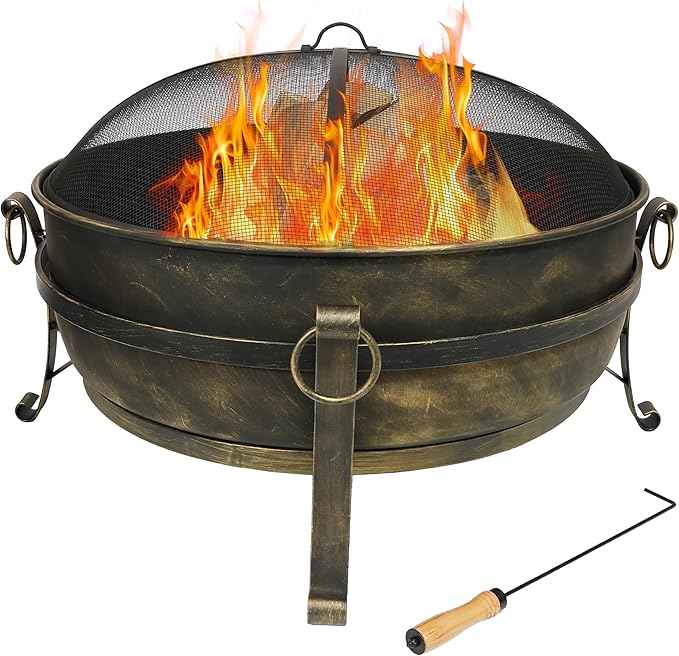 Sunnydaze 34-Inch Large Fire Pit for Outside - Wood-Burning Fire Pit Bowl for Outdoors with Spark Screen Log Poker and Grate