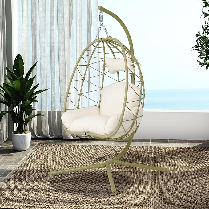 Hanging Egg Chair with Stand Outdoor Indoor Patio Rattan Swing Hammock Chairs with Washable Cushion PE Wicker Swing Chair for Backyard Bedroom Garden (Cyan + White Cushion No Footrest)