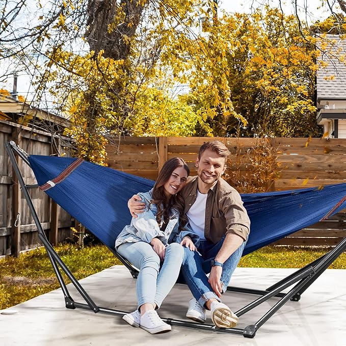 Tranquillo Combo x2 Hammocks with Stand for Outside &amp Tree Straps Heavy Duty Hammock with Stand 600lbs for Indoor Outdoor Patio Backyard x2 Hammocks for 2 Person Portable Carrying Bags Aegean