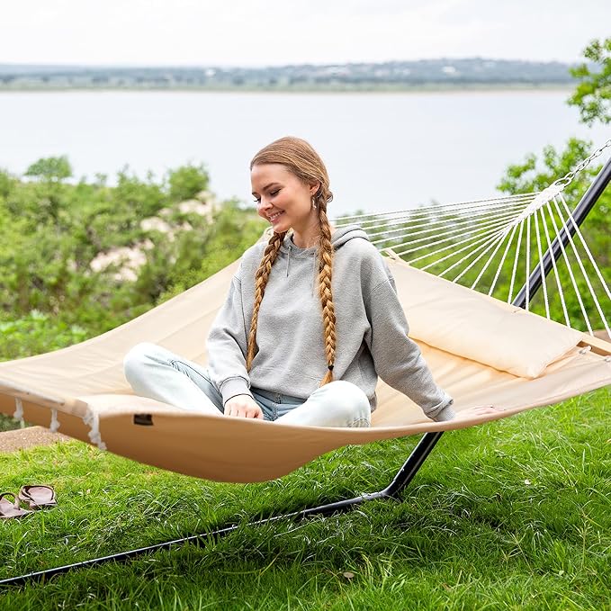 SUNCREAT Hammocks Extra Large Double Hammock with 12 ft Stand 475lbs Capacity Outdoor Portable Hammock with Hardwood Spreader Bar Extra Large Pillow Beige