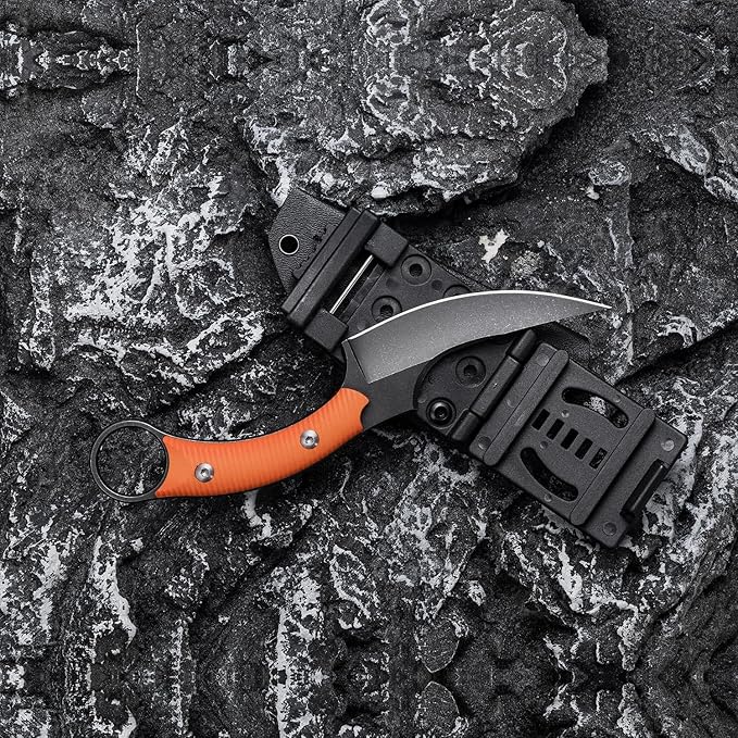 Fixed Blade Knife D2 Steel Blade and G10 Handle Utility Claw EDC Knife for Outdoor Survival Hiking Camping with Kydex Sheath OK1220 (Orange)