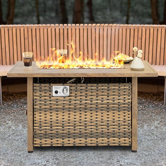 Nuu Garden 43” Propane Fire Pit CSA-Listed Rattan Outdoor Fire Pit Table 50000 BTU Smokeless Gas Fire Table with Lid and Glass Beads 2-in-1 Rectangular Fire Table for Outside Backyard Patio Brown