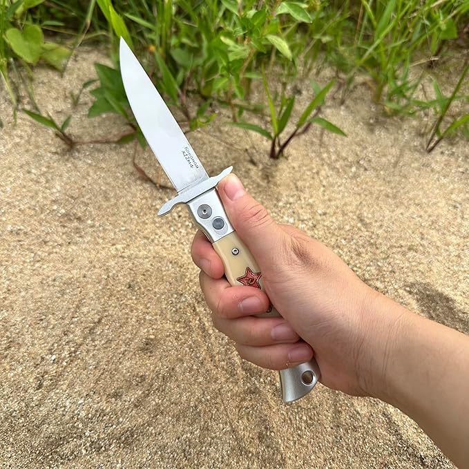 Russia KGB Pocket Folding Knife with Stainless Steel Drop Point Blade Knives and Lightweight Lockback Multi-Tool for Camping Outdoor HuntingSurvival and EDC (Light yellow)