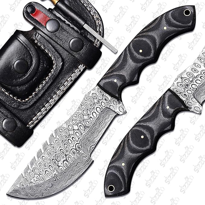 Handmade 10 Damascus Steel Tracker Knife with G10 Handle - Fixed Blade Hunting &amp Survival Knife - Horizontal Scout Carry Sheath - Bushcraft EDC for Camping &amp Outdoors