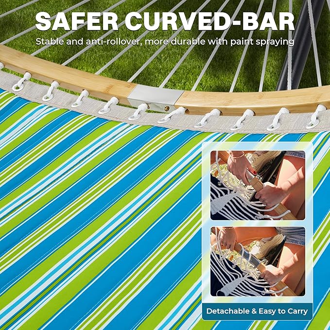 SUPERJARE Curved-Bar Hammock with Stand 2 Person Heavy Duty Hammock Frame Detachable Pillow &amp Portable Carrying Bag Perfect for Outdoor &amp Indoor Thin Blue and Green Stripes