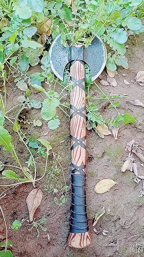 AXE013AM FS Crafts 24.00 Custom Handmade Double Blade Viking Axe Hand Forged Carbon Steel Hunting Axe Hatchet with Leather Sheath Gorgeous Wood Handle Outdoors Fishing Camping Knife