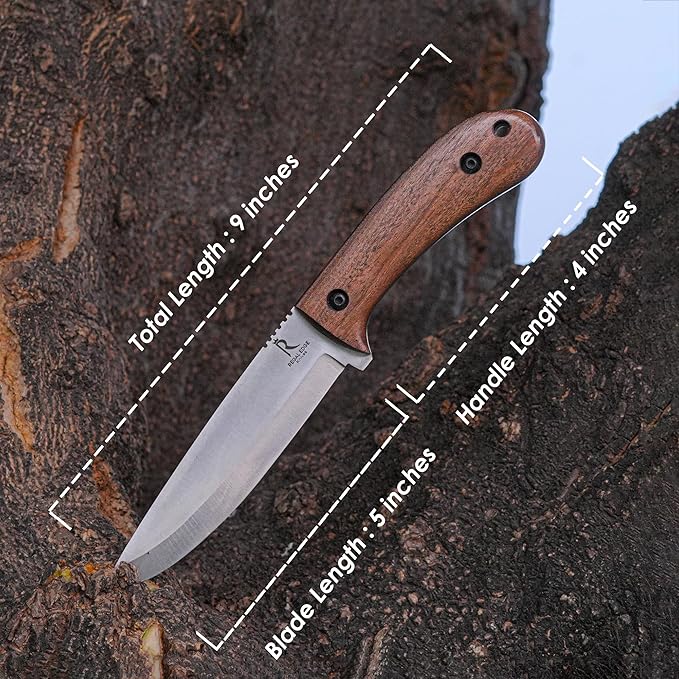 Bushcraft Knife - 9-Inch Scandi EDC Knife S30V Steel And Walnut Wood Handle Full Tang Fixed Blade with Premium Leather Sheath - For Camping Hunting Survival and Outdoor Use - Gifts For Men