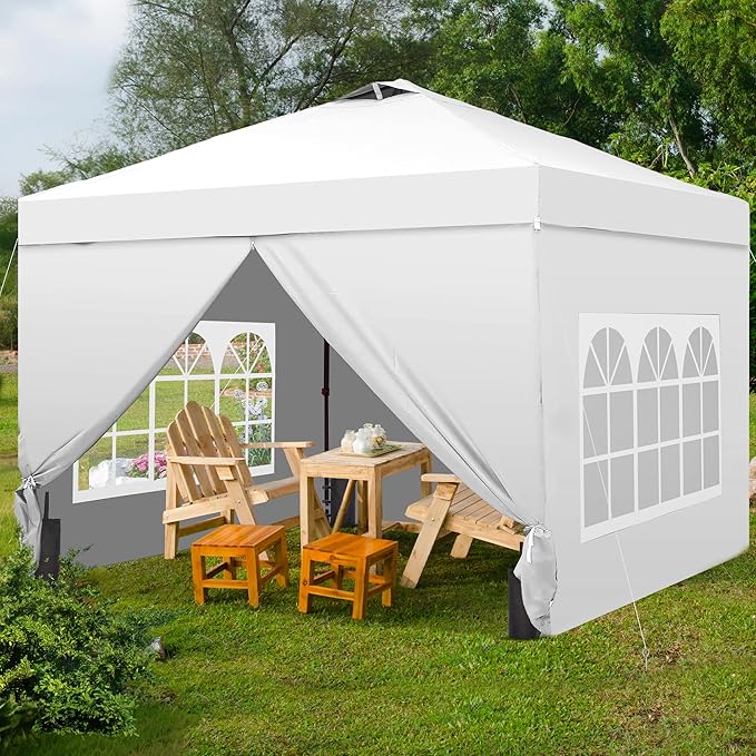 GDY 10x10 Pop Up Canopy Tent with 4 Sidewalls Easy Set up with One Push Lift Outdoor Silver Coated Beach Gazebos Carpas with 4 Sandbags for Events PartiesCamping White.