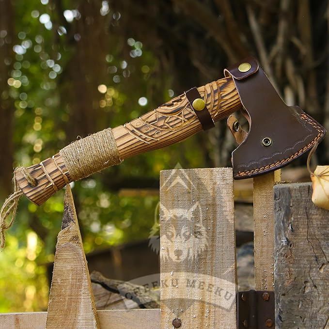 Custom Handmade Carbon Steel Real Viking Axe HatchetCamping Axe Birthday Gift for him Leather Wrapped Handle and Leather Sheath ((FM 22))