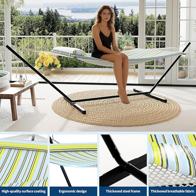 GarveeHome Double Hammock with Heavy-Duty Steel Stand 2 Person Portable Hammock 450LBS Max Weight Capacity Easy Assembly Ideal for Indoor Backyard Camping &amp Outdoor Use