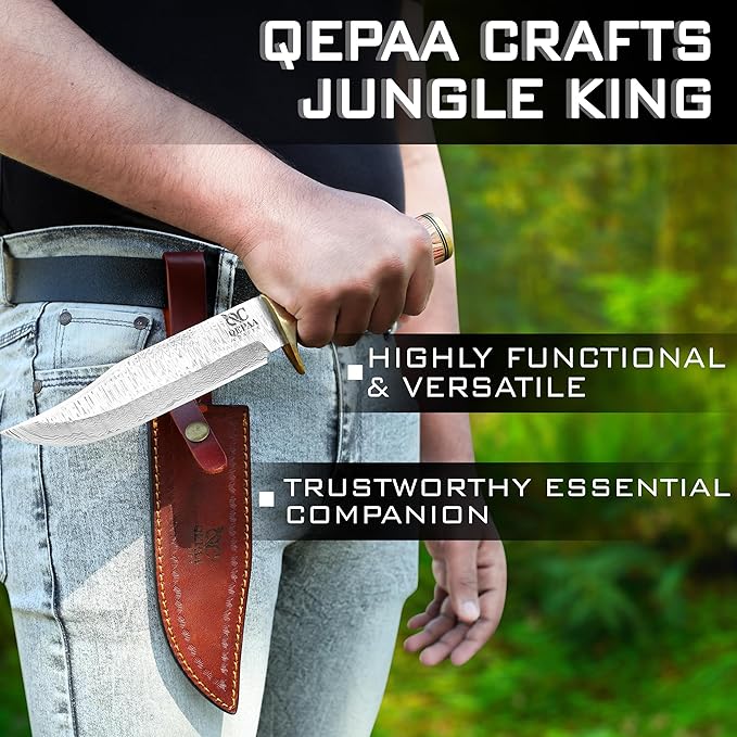 QEPAA CRAFTS® 12 Inch Handmade Steel Hunting Knife Hand Forged Damascus Steel Bowie KnifeFixed Blade Camping Knives for SkinningHuntingCampingHikingErgonomic Handle with holster-Gift for him
