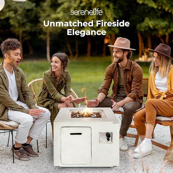SereneLife Propane Fire Pit Table – 40000 BTU Outdoor Firepit Weather-Resistant with Stainless Steel Burner Adjustable Flame ETL Certified Protective Cover 30 x 30 x 23.6 Inches
