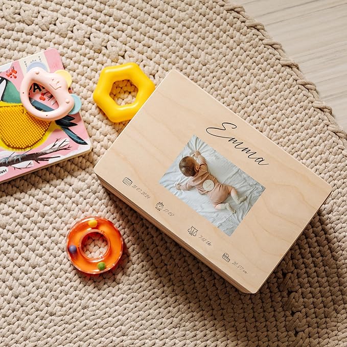 Creative Deco Personalized Wooden Storage Box Baby Memory Box | 11.8x7.87x5.51in (+-0.5) | Photo &amp Text | Lid Handles Engraving | Birth &amp Baptism | Gift Box | Rough UNSANDED Keepsake Souvenir