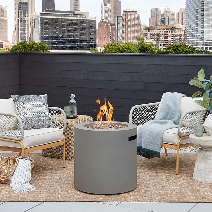 Real Flame Aegean 24 Round Propane Gas Fire Pit Table with Hidden Tank 50000 BTU Powder-Coated Steel Push-Button Ignition Lava Rock Storage Cover Stainless Steel Burner with Lid - Mist Gray