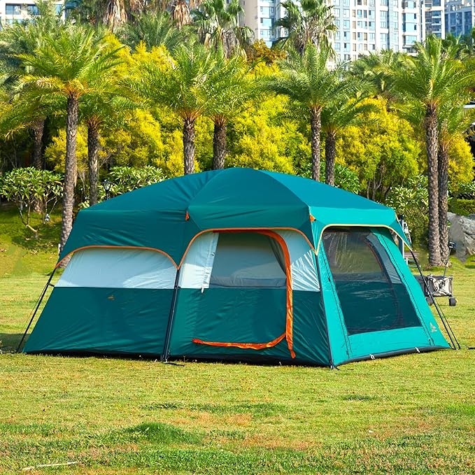 KTT Extra Large Tent 6-10-12-14 Person(A)Family Cabin Tents2 Rooms3 Doors and 3 Windows with MeshStraight WallWaterproofDouble LayerBig Tent for OutdoorPicnicCampingFamily Gathering