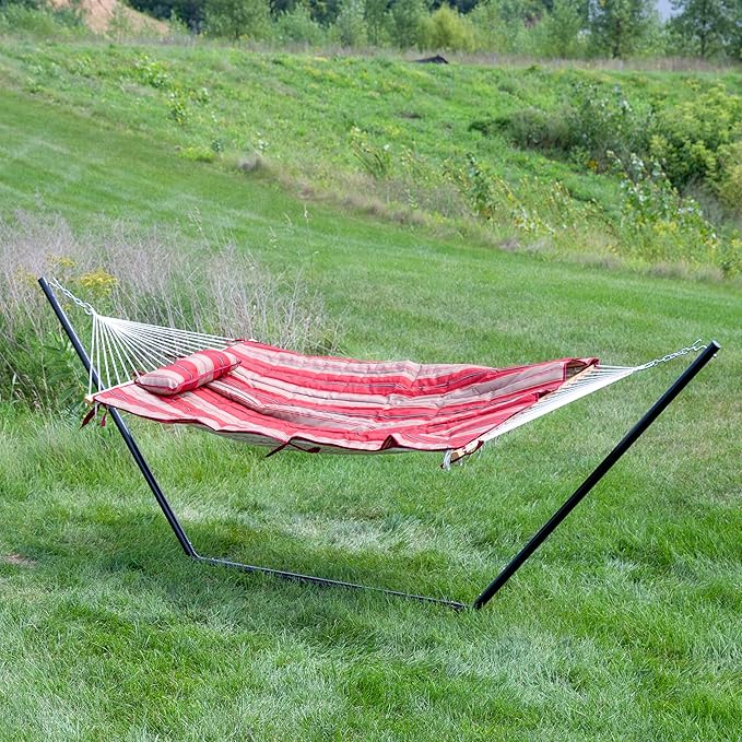Sunnydaze Rope Hammock with Stand for Outside- 275-Pound Capacity - Includes 12-Foot Hammock Stand Spreader Bar Pad and Pillow - Green Stripe