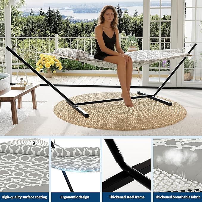2-Person Hammock Suite with Stand450lbs Capacity 2 Person Cotton Rope Portable Hammock with Polyester Quilted Pad and Pillowfor Garden YardCamping and Patio.Grey Pattern。