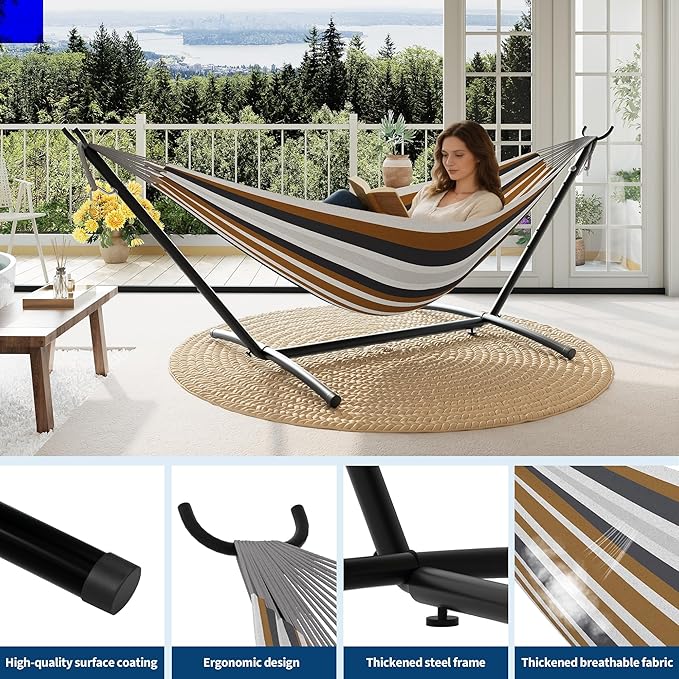 Hammock with Stand 2-Person Outdoor Portable Hammock with Carrying Bag &amp Adjustable Frame Heavys Duty 450lb Capacity for Beach Camping Backyard Patio