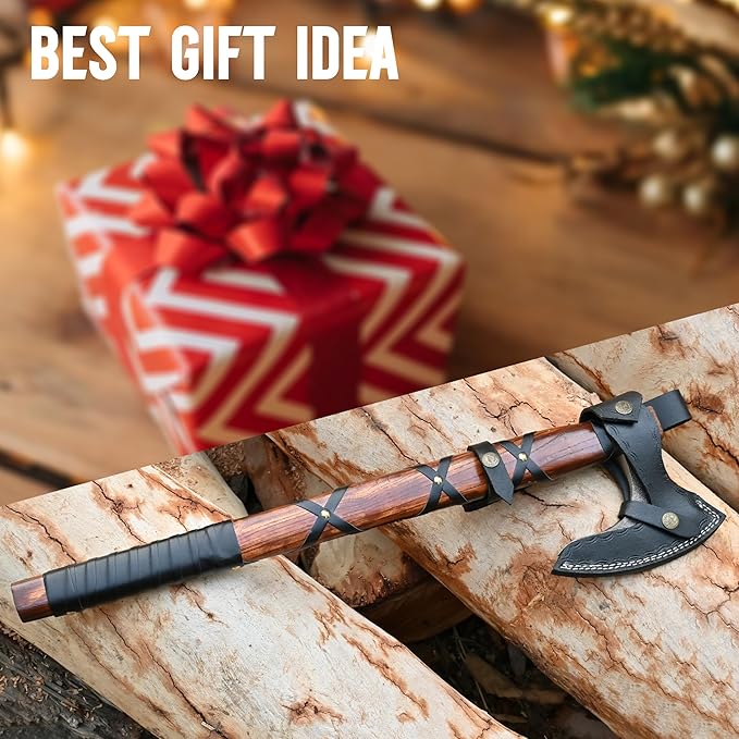 22-Inch Hand-Forged Viking Axe with Sheath Hatchet with Sheath Gift for Men Survival Axe Viking Bearded Camping Axe Ragnar Lothbrok Axe Viking Knives Best Gift Axe (Brown)
