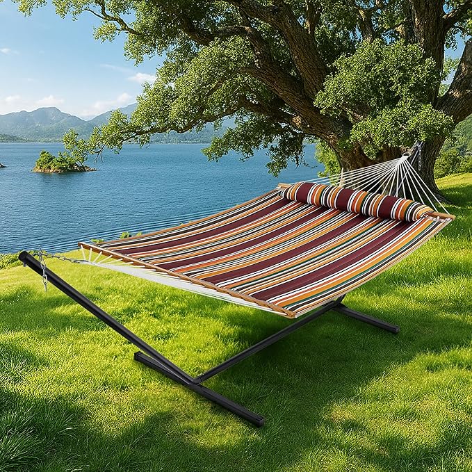 SUPERJARE Hammock with Stand 2 Person Quilted Outdoor Hammock Detachable Pillow &amp Bamboo Spreaders Portable Hammock with Carrying Bag Heavy Duty Stand Perfect for Outside Patio Maple-Leaf R