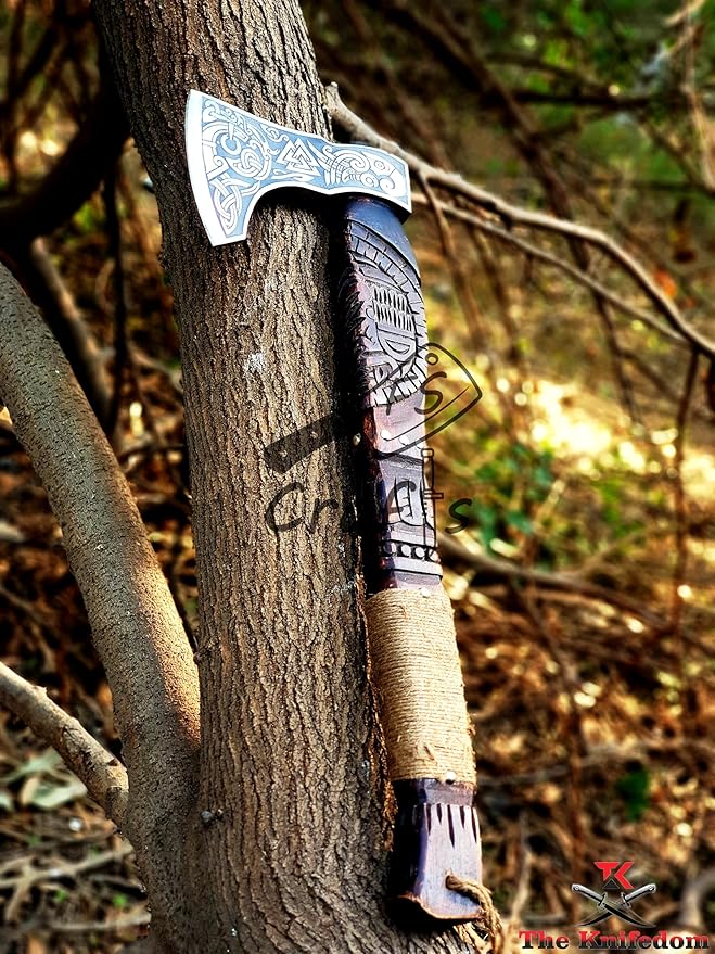 FS Crafts 21 Custom Handmade Carbon Steel Viking Axe Hand Forged Outdoor Hunting Camping Norse Axe Hatchet Bearded Dane Axe Ragnar Engraved Handle with Leather Sheath AXE003FR