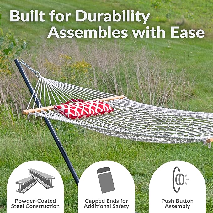 Sunnydaze Rope Hammock with Stand for Outside- 275-Pound Capacity - Includes 12-Foot Hammock Stand Spreader Bar Pad and Pillow - Royal Red