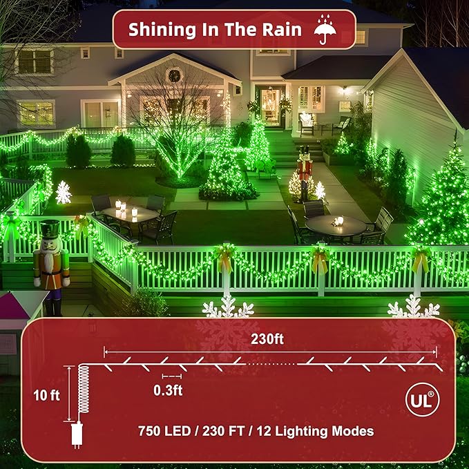 240FT Christmas Lights Outdoor 750 LED Christmas Tree Decoration Lights with 12 Modes &amp Timer Memory Dimmable Plug in Waterproof LED Xmas Light for Yard Trees Wedding Party Holiday Green