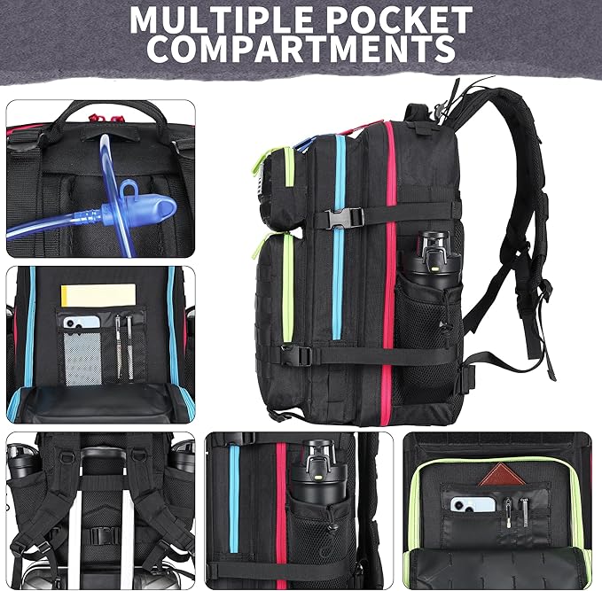 45L Military Tactical Backpacks 3 Days Assault PackBag Fitness Rucksack Hiking Molle Daypack (Black Neon)