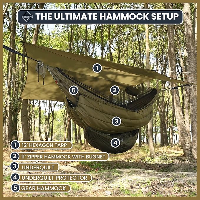 Onewind 12×10 ft Hexagon Hammock Rain Fly Waterproof Lightweight and Durable Silnlyon Camping Hammock Tarp for Backpacking and Hiking Complete Accessories OD Green