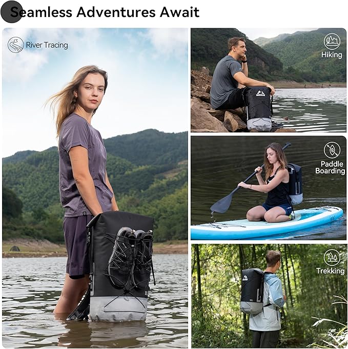 MARCHWAY Floating Roll Top Dry Bag Flexible Lightweight TPU Waterproof Backpack 20L/30L/40L with Padded Straps for Boating Kayaking Swimming Hiking Beach (Black 40L)