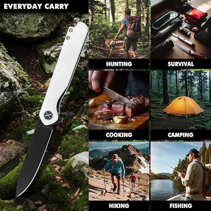 Father's Day Mother's Day &amp Birthday Gift for Him or Her - Unique White Pocket Knife for Men or Women Premium Folding Knife with D2 Steel &amp G10 Handle Fast One-Hand Open Flipper for EDC Ca