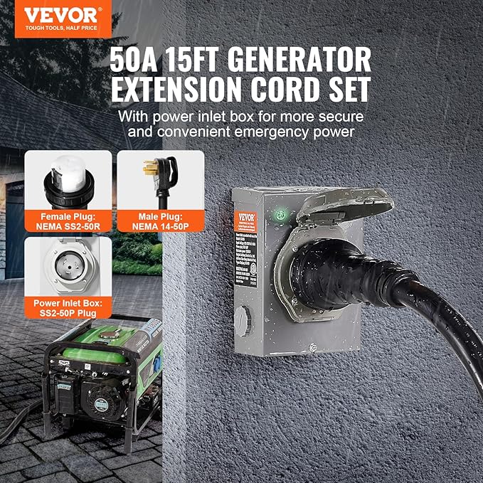 VEVOR 50 Amp Generator Cord and Power Inlet Box Kit 15FT Generator Extension Cord NEMA 14-50P/SS2-50R STW 6/3+8/1 AWG with Twist Lock Connector Pre-Drilled Inlet Box ETL Listed