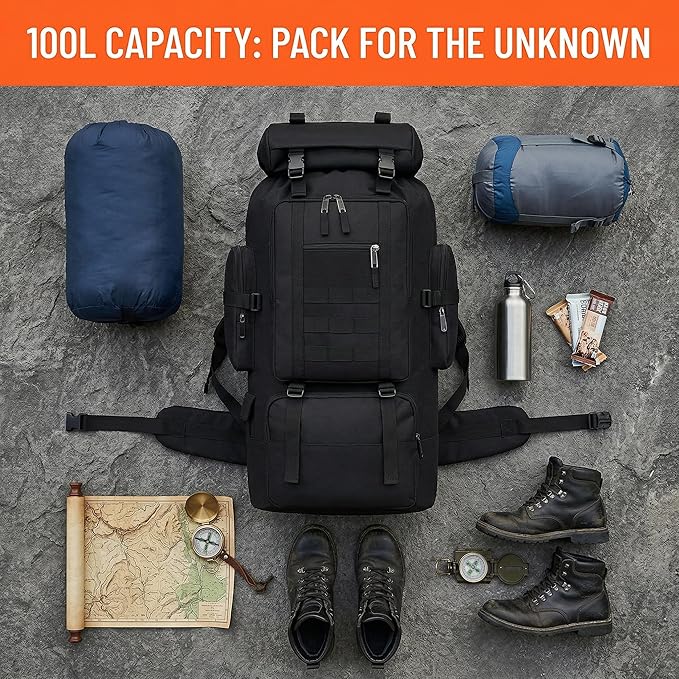 Goaste 100L Camping Hiking Backpack Molle Military Tactical Rucksack Waterproof Large Travel Daypack Adjustable Survival Hunting Sports Bag for Men and Women Hiking Camping Touring(Black)