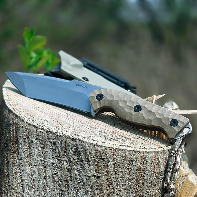 VG-10 Steel Survival Knife with G10 Handle &amp K-Sheath - 10 Tactical Outdoor Knife Fire Starter Kit Multi-Position Carry