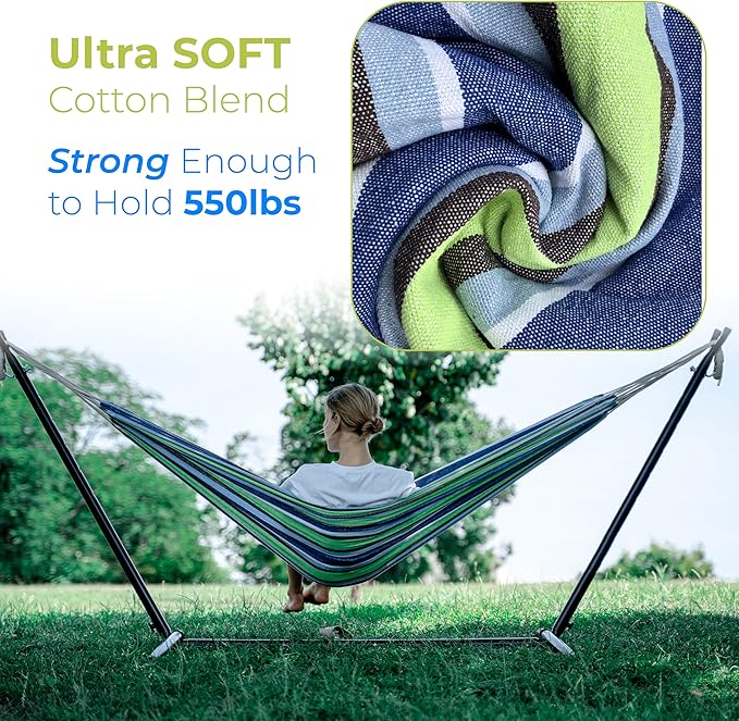 Backyard Expressions Double Camping Hammock with Steel Stand &amp Carrying Bag Adjustable Height Ultra Soft Cotton Blend 550 lb Capacity Indoor &amp Outdoor Portable Hammock